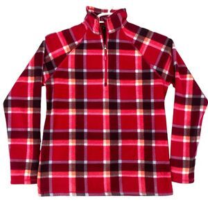 Eddie Bauer Womens S Berry Plaid Fleece Mock Neck 1/4 Zip‎ Pullover Pink Red